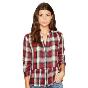 SPLENDID Size XS Peplum Plaid Raw Edge Top Split Neck Long Sleeve Red 100% Rayon